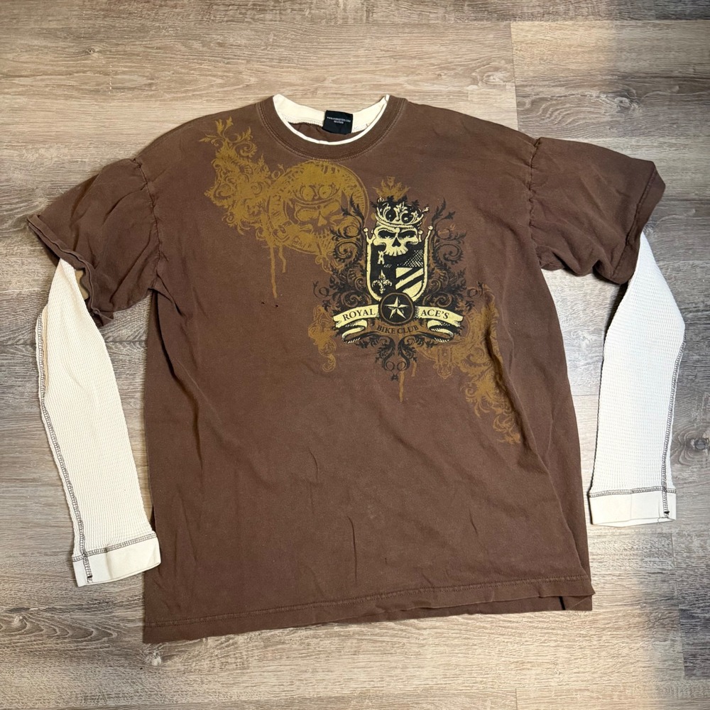 Y2K Hybrid Tees Brown Royal Bike Club Skull Graphic Layered Long Sleeve Shirt L